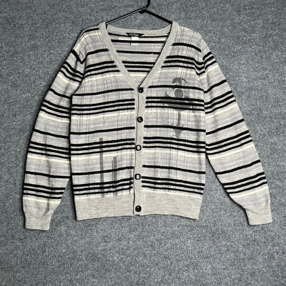 Artful Dodger Mens Grey Striped 100% Wool V-Neck Button Front Cardigan Sweater L